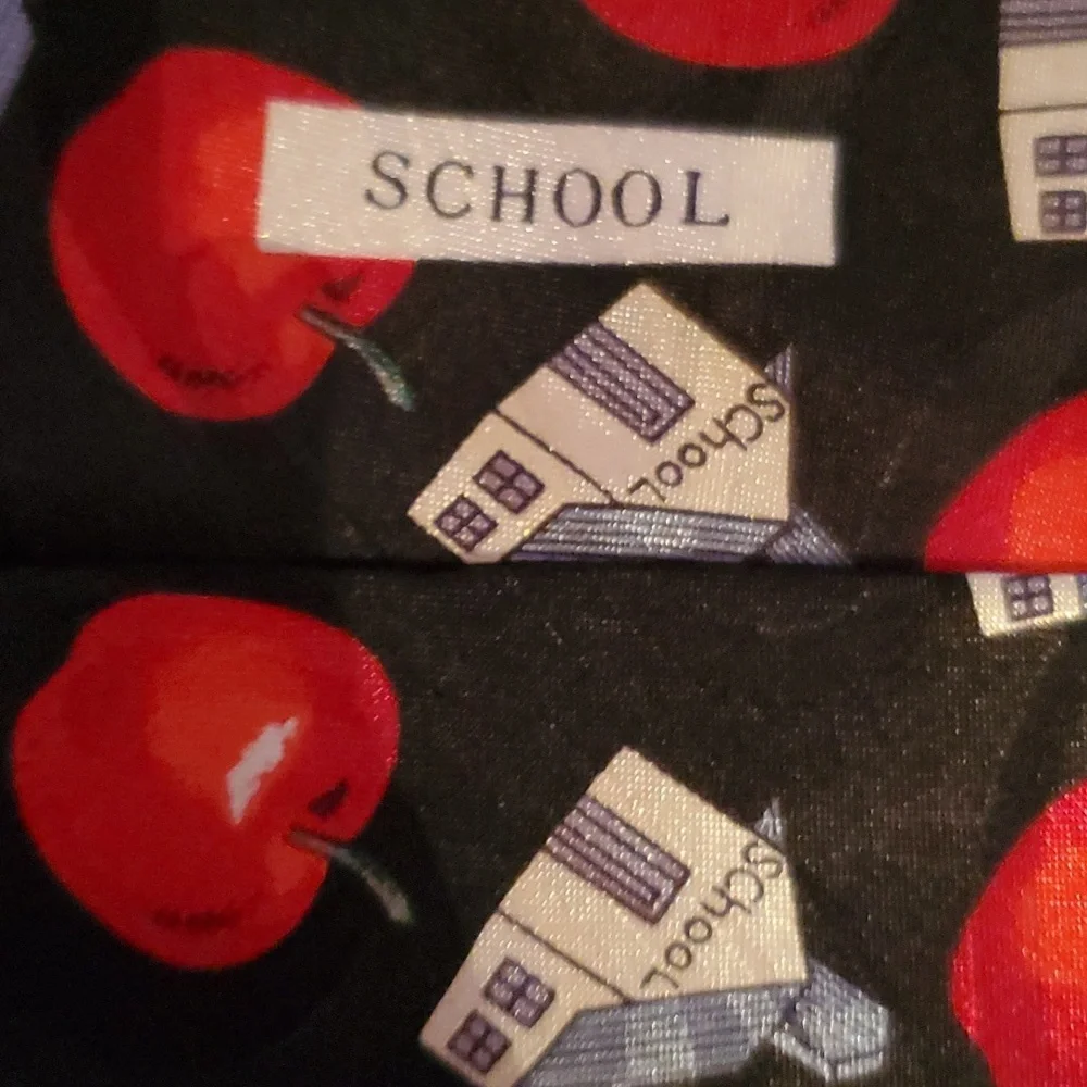 SCHOOL NECKTIE Black Tie White Schoolhouses & Bright Red Delicious Apples